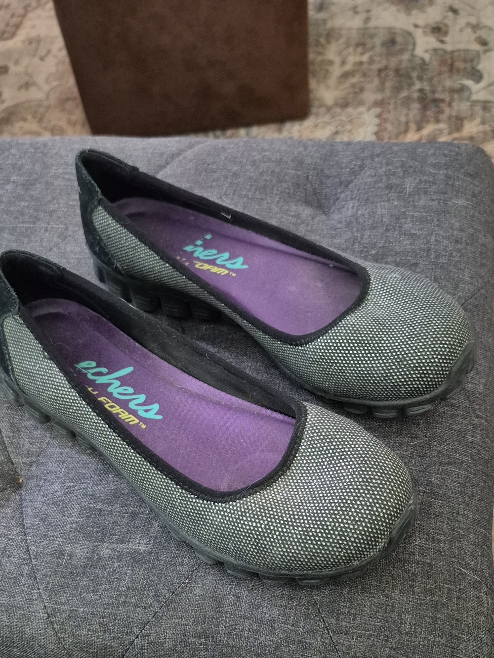 Skechers Black Silver Canvas Slip-On Ballet Flats with Purple Insole 8